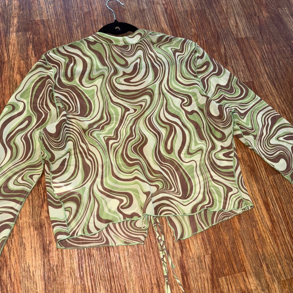 H&M Crop Top Blouse Long Sleeve Tie Front Green Brown Swirl Mesh L Forest Fairy - Picture 5 of 8